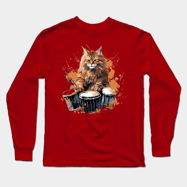 Maine Coon Cat Playing Drums Long Sleeve T-Shirt by Graceful Designs